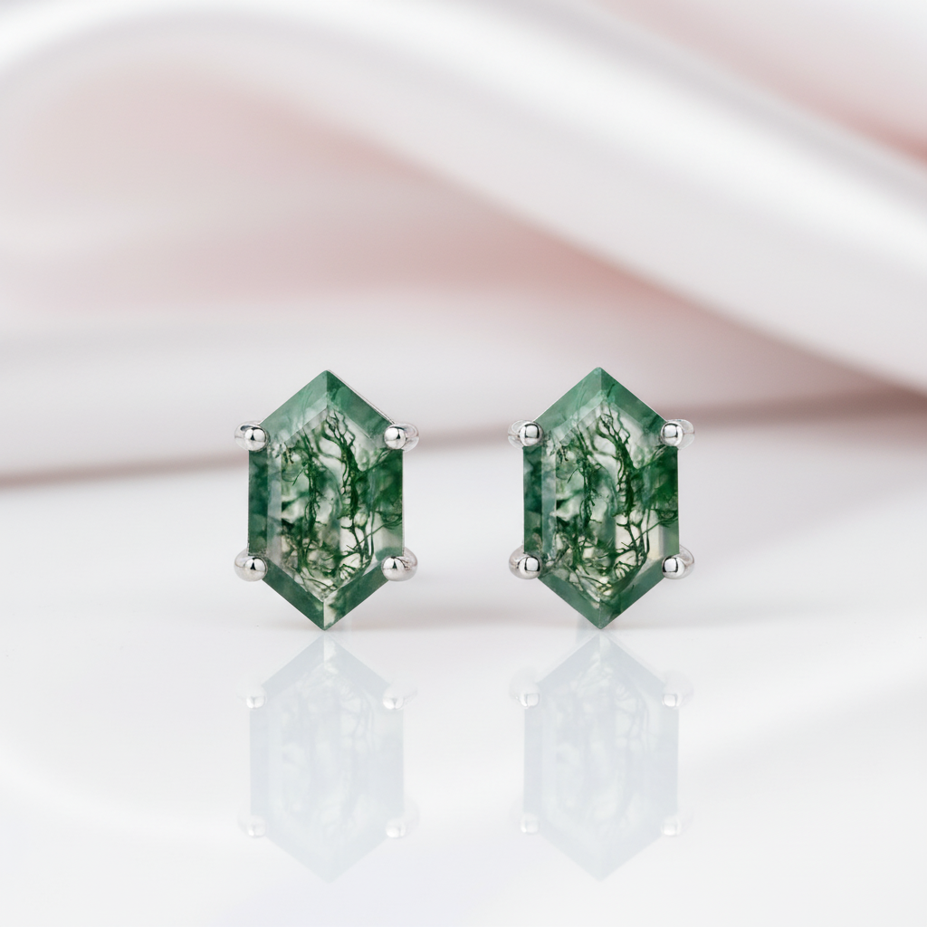 Geometry Cut Moss Agate Stud Earrings-Black Diamonds New York