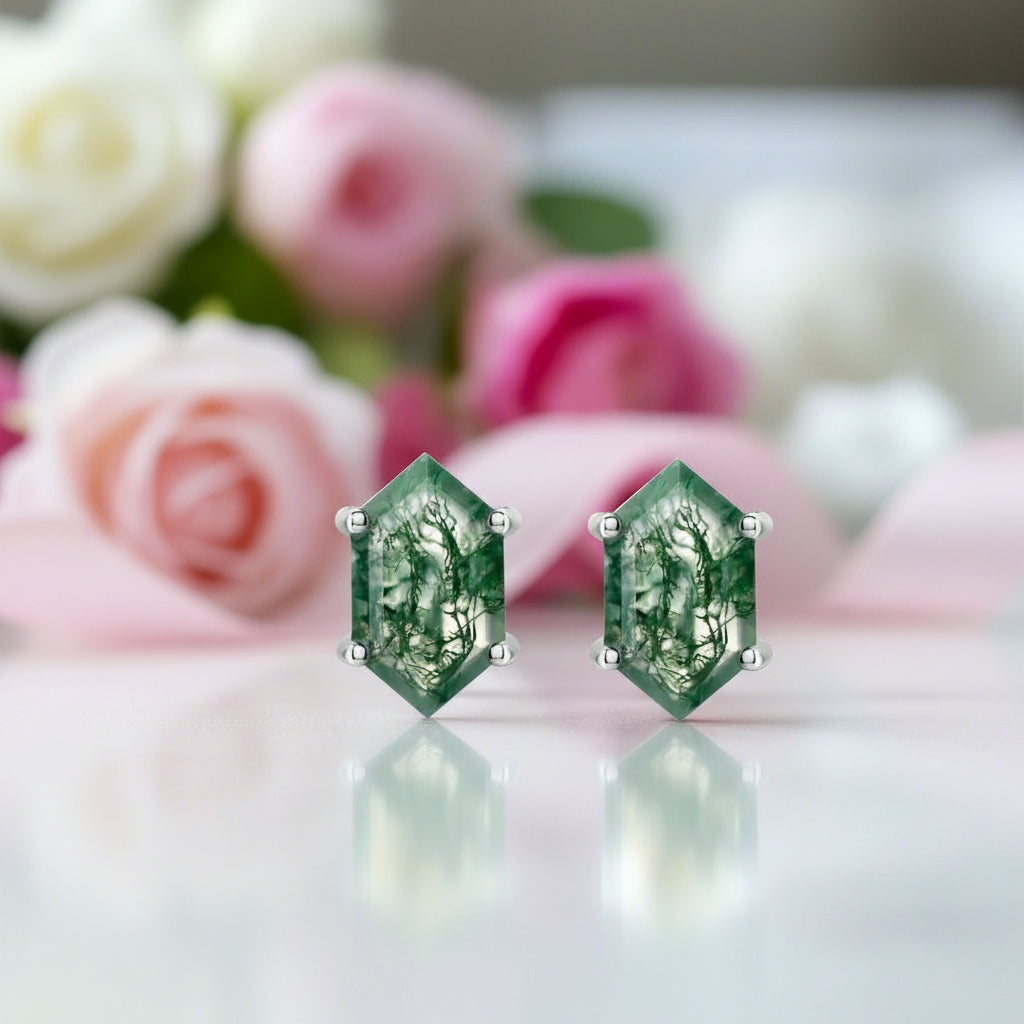 Geometry Cut Moss Agate Stud Earrings-Black Diamonds New York