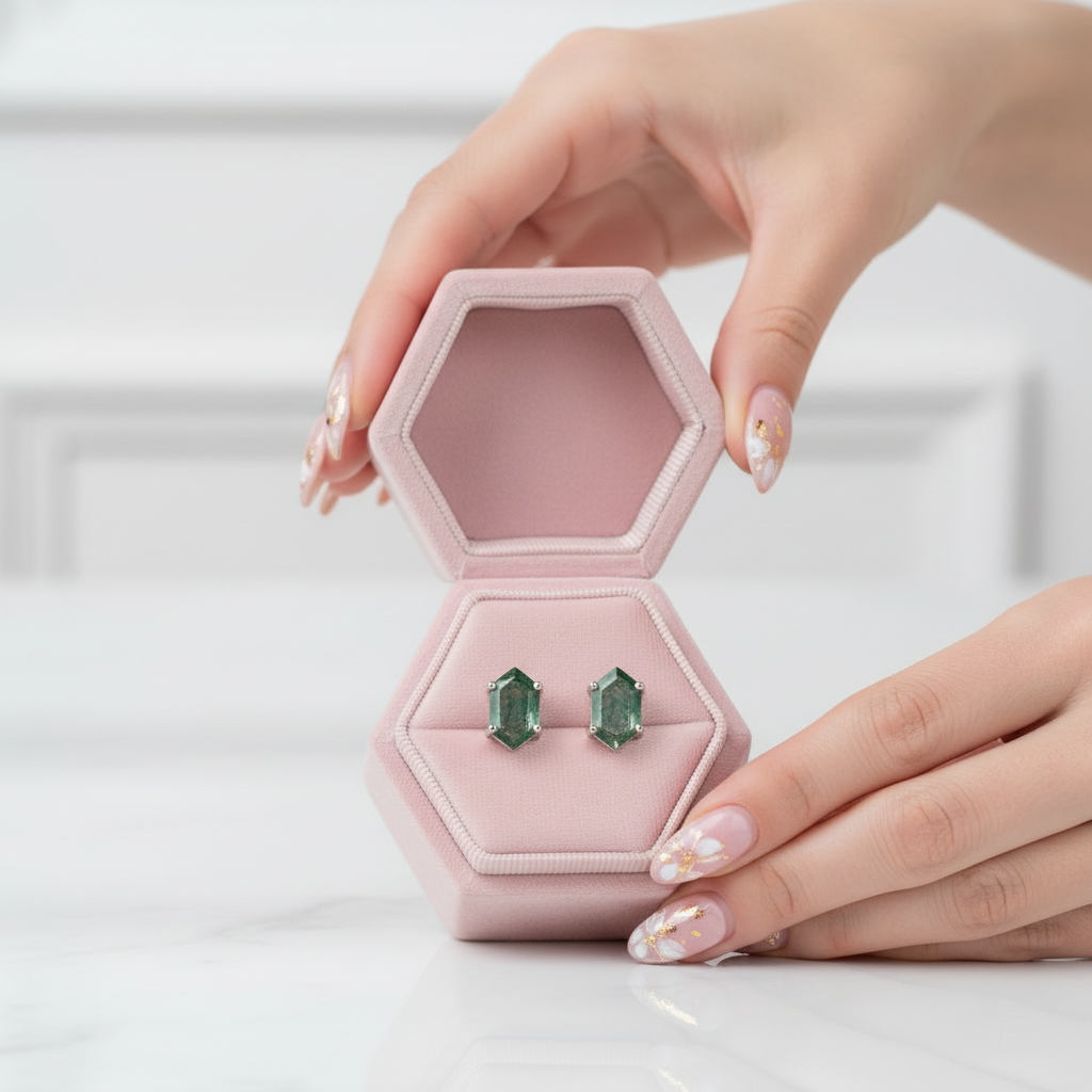 Geometry Cut Moss Agate Stud Earrings-Black Diamonds New York