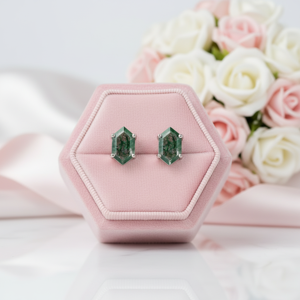 Geometry Cut Moss Agate Stud Earrings-Black Diamonds New York