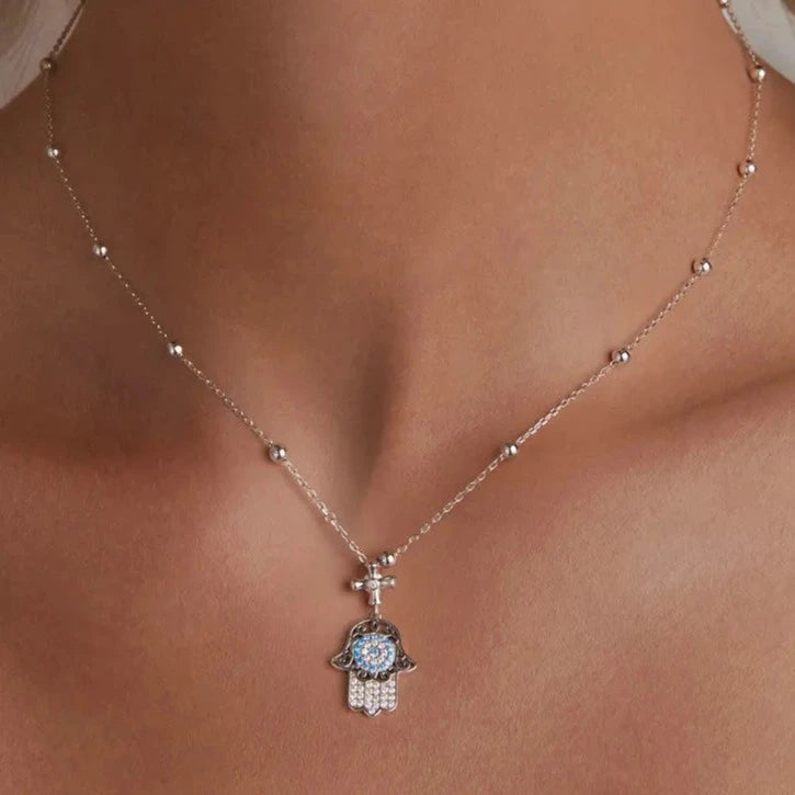 Round EVN Diamond Hamsa Pendant Necklace with Cross-Black Diamonds New York