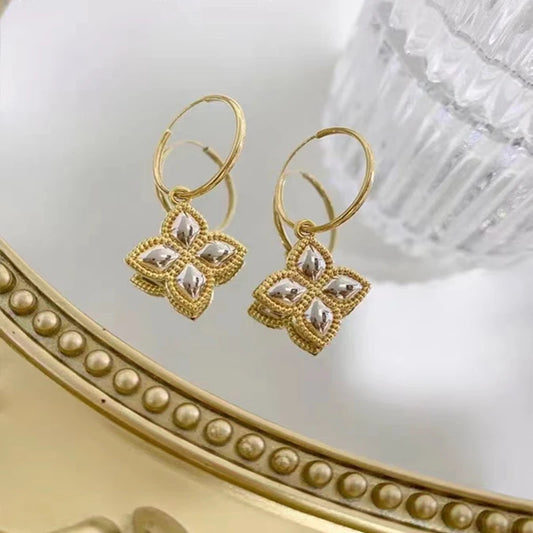 18k Two-Tone Gold Vintage Clover Drop Earrings-Black Diamonds New York