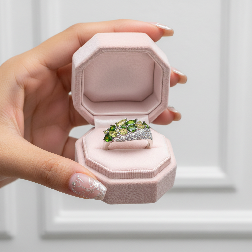 Elegant Peridot Diopside Gemstone Ring-Black Diamonds New York