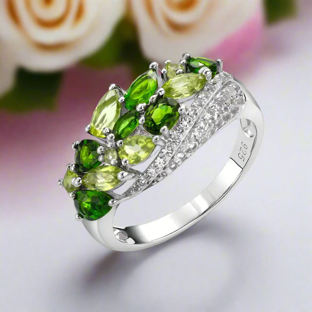 Elegant Natural Peridot Diopside Gemstone Ring-Black Diamonds New York