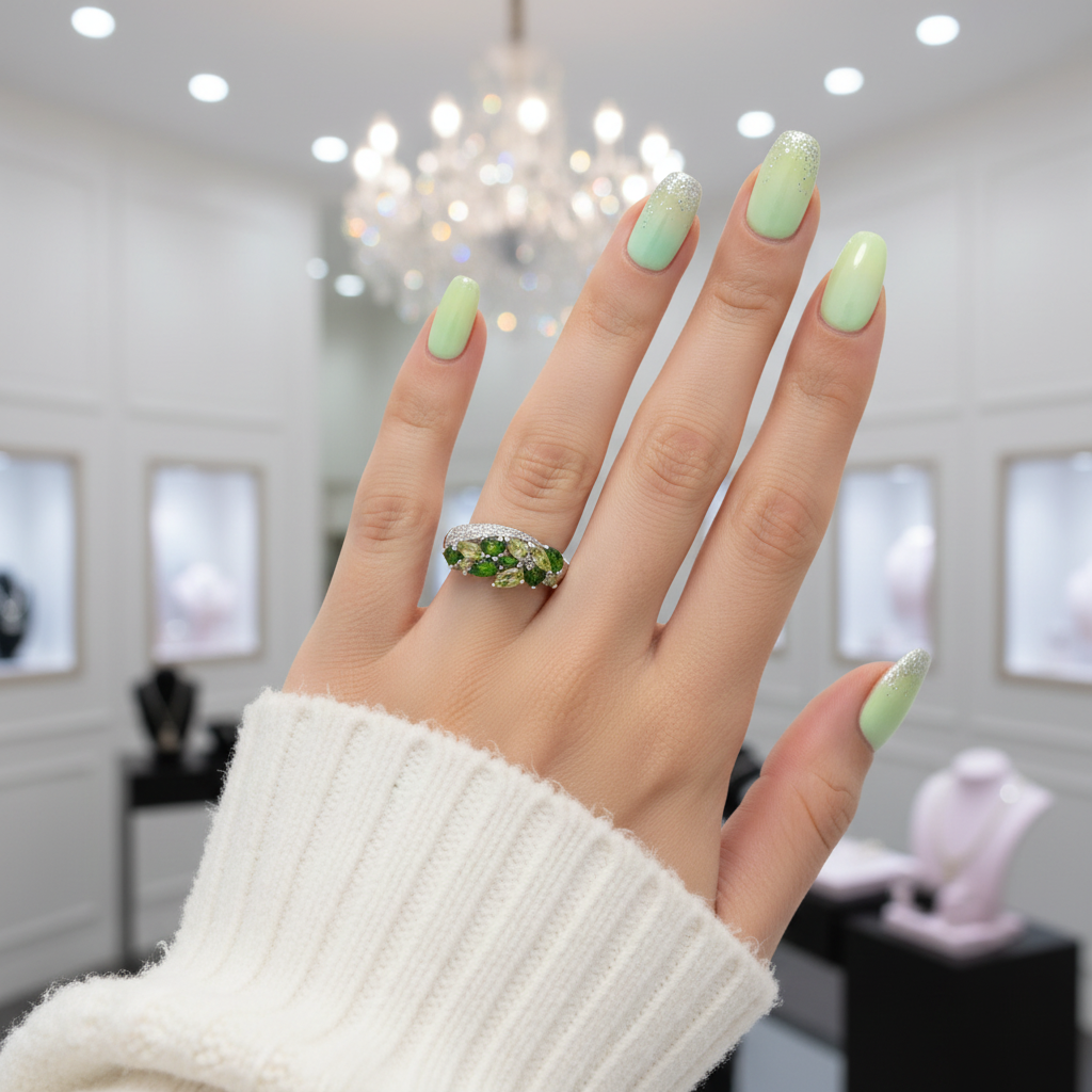 Elegant Peridot Diopside Gemstone Ring-Black Diamonds New York