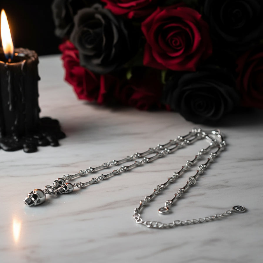 Retro Punk Skull Stick Bone Necklace-Black Diamonds New York