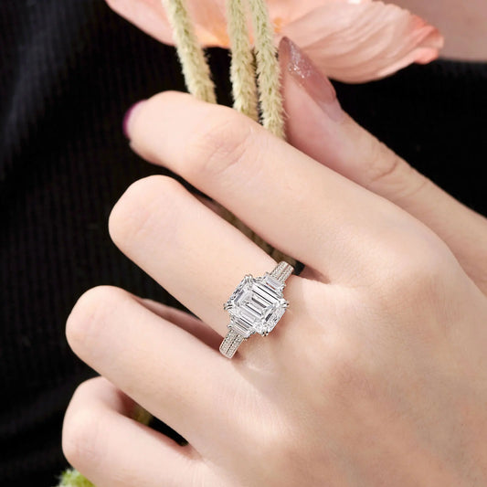 Classic Three Stone Emerald Cut Engagement Ring-Black Diamonds New York