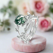 Green Moss Agate Vintage Leaf Style Resizable Ring Set-Black Diamonds New York