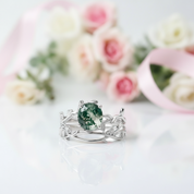 Green Moss Agate Vintage Leaf Style Resizable Ring Set-Black Diamonds New York