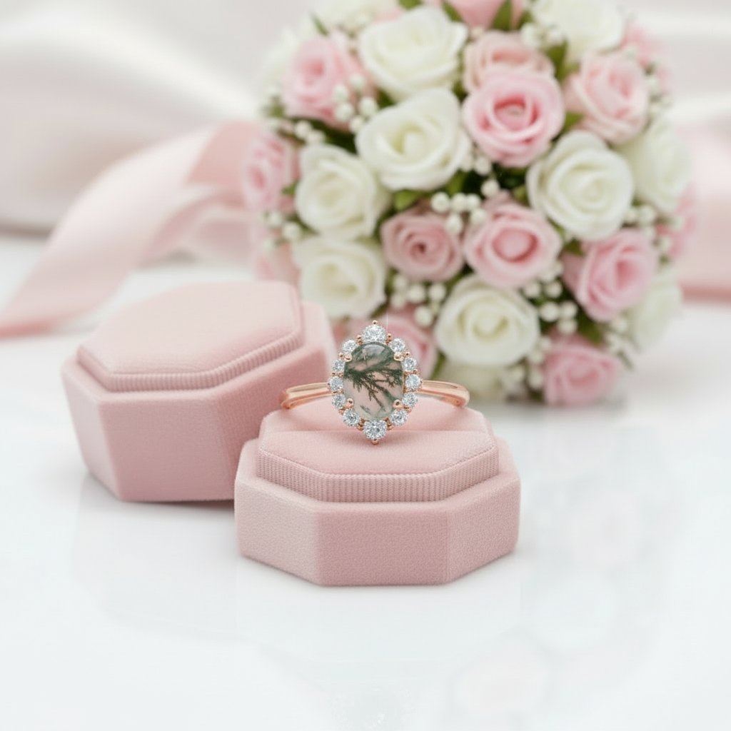 Vintage Moss Agate Halo Promise Chevron Cluster Engagement Ring Set-Black Diamonds New York