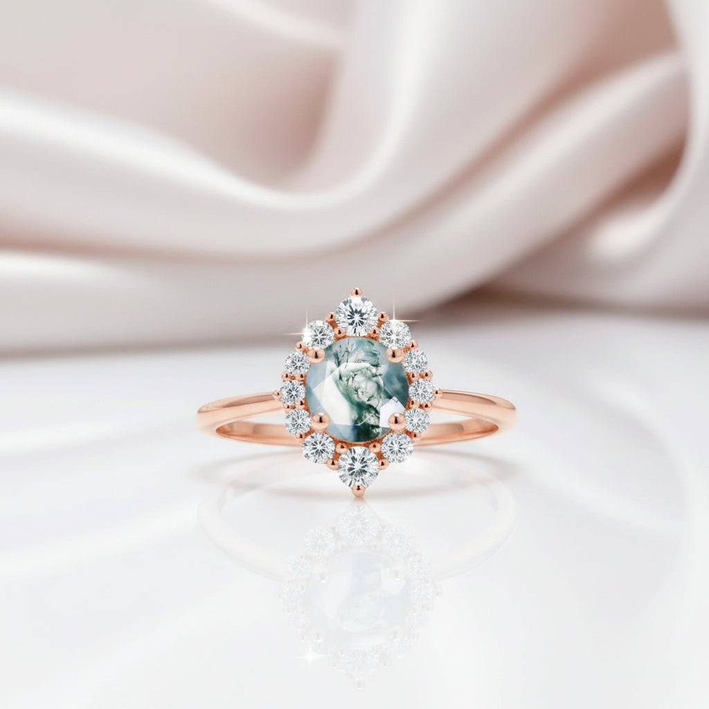 Vintage Moss Agate Halo Promise Chevron Cluster Engagement Ring Set-Black Diamonds New York