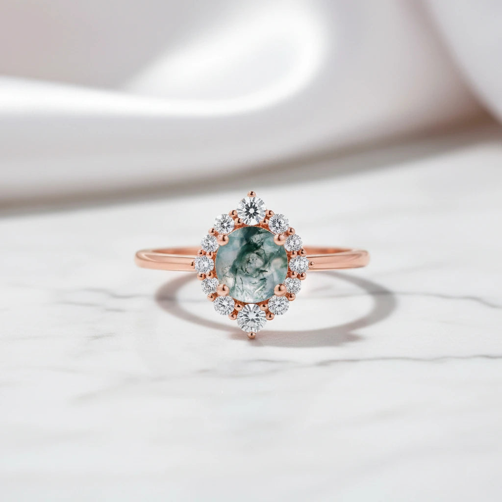Vintage Moss Agate Halo Promise Chevron Cluster Engagement Ring Set-Black Diamonds New York