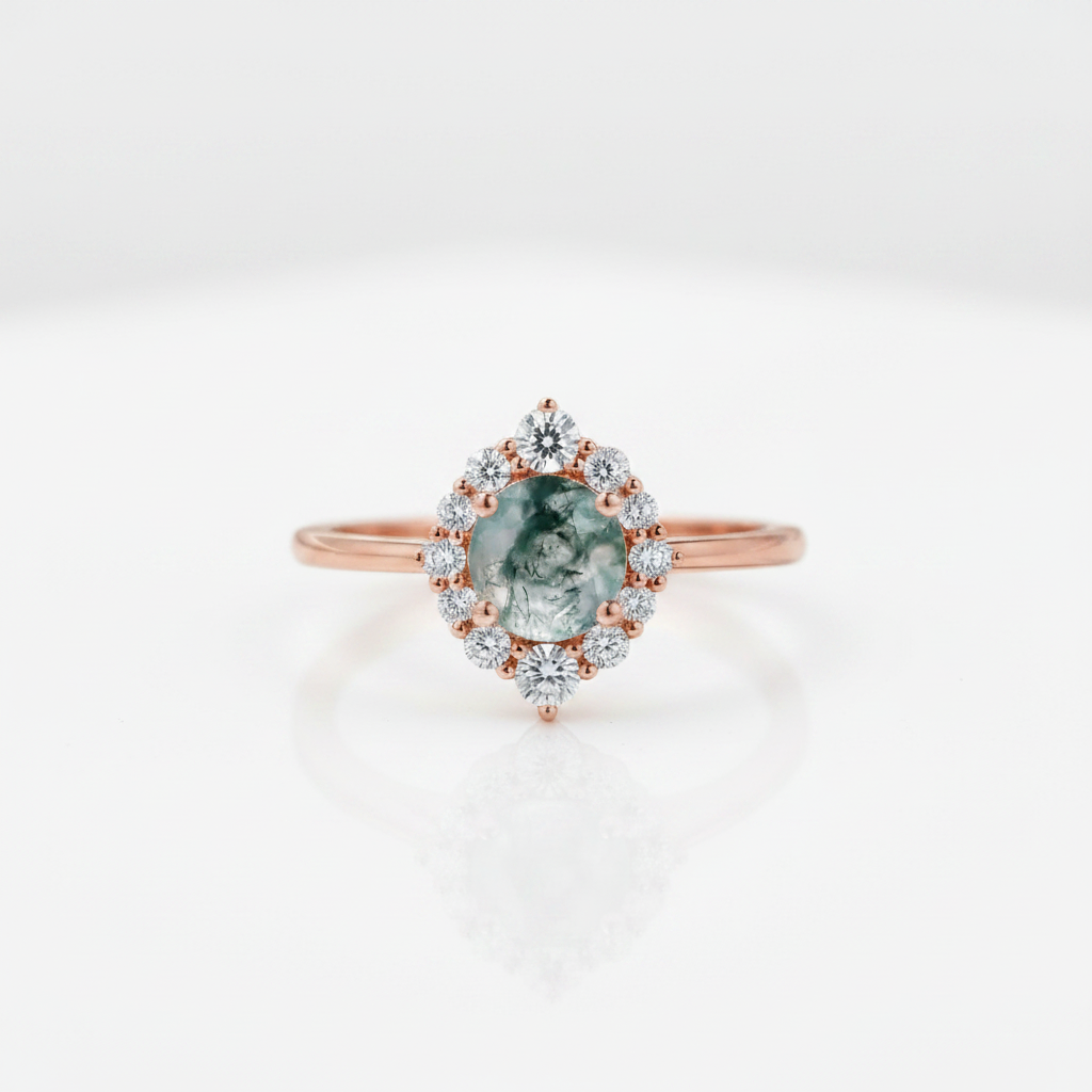 Vintage Moss Agate Halo Promise Chevron Cluster Engagement Ring Set-Black Diamonds New York