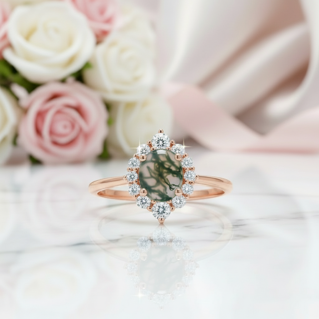 Vintage Moss Agate Halo Promise Chevron Cluster Engagement Ring Set-Black Diamonds New York