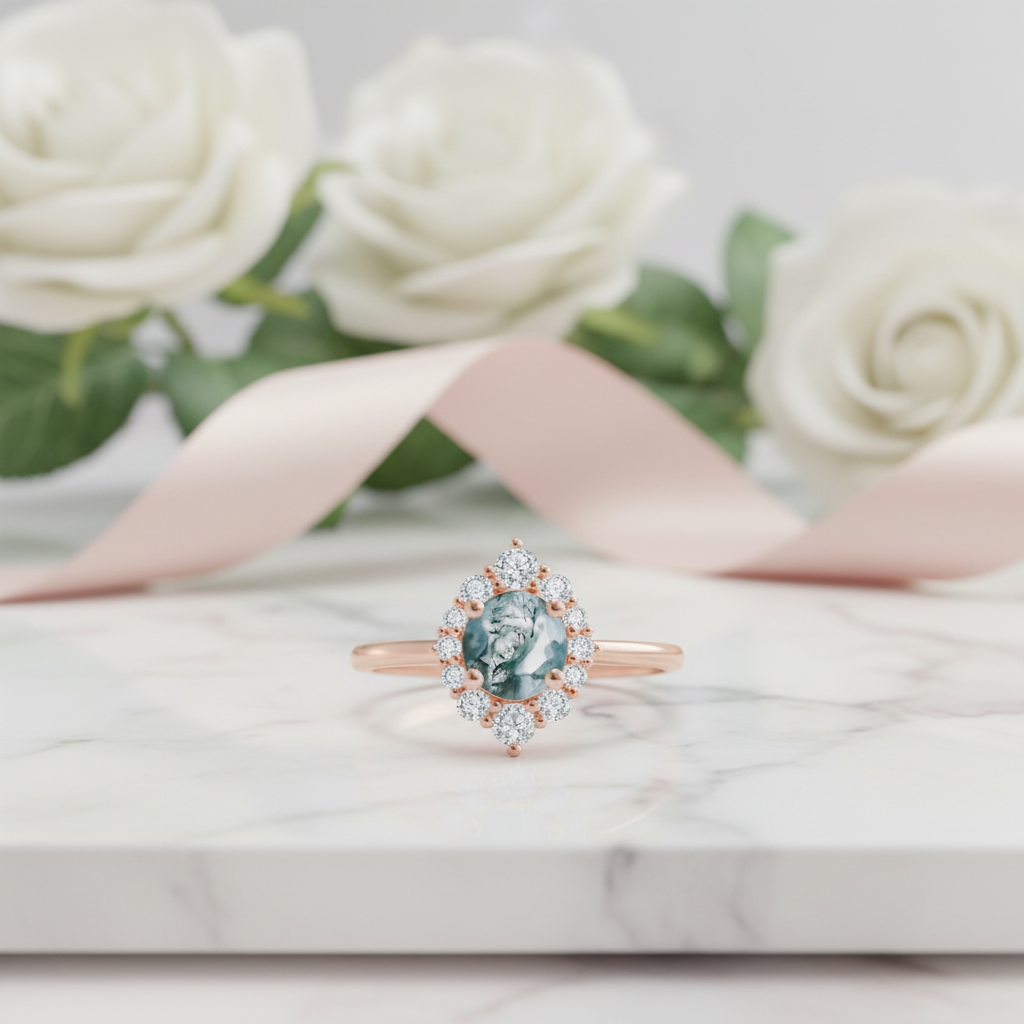 Vintage Moss Agate Halo Promise Chevron Cluster Engagement Ring Set-Black Diamonds New York