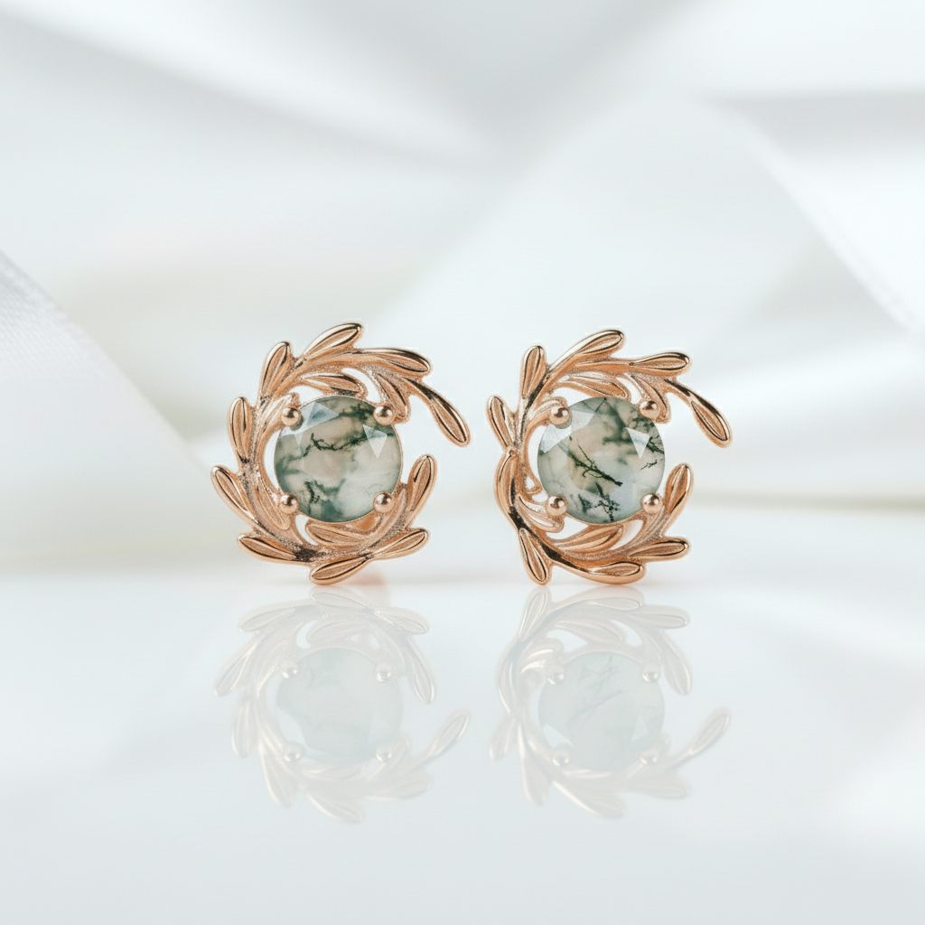 Round Cut Moss Agate Stud Earrings-Black Diamonds New York