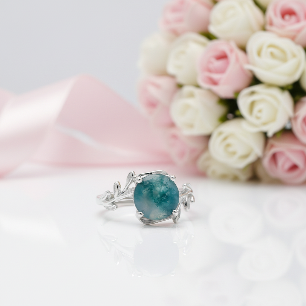 Unique Olive Branch Moss Agate Natural Adjustable Promise Ring-Black Diamonds New York