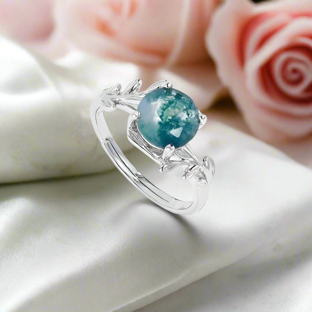 Unique Olive Branch Moss Agate Natural Adjustable Promise Ring-Black Diamonds New York