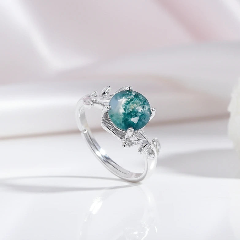 Unique Olive Branch Moss Agate Natural Adjustable Promise Ring-Black Diamonds New York