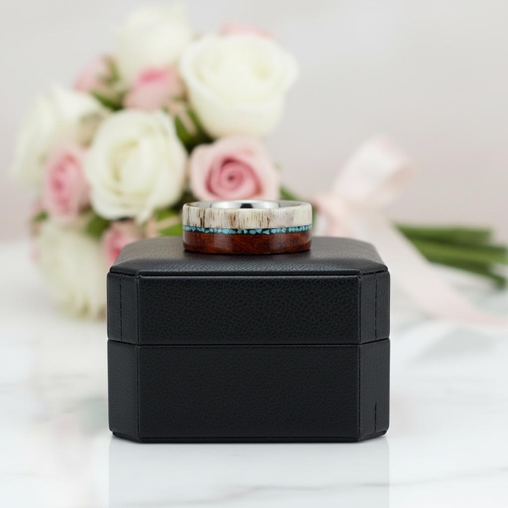 A black textured jewelry box on a white marble surface, with a ring displayed on top. The ring features a silver-toned band with a white and brown wood inlay accented by turquoise blue stones.