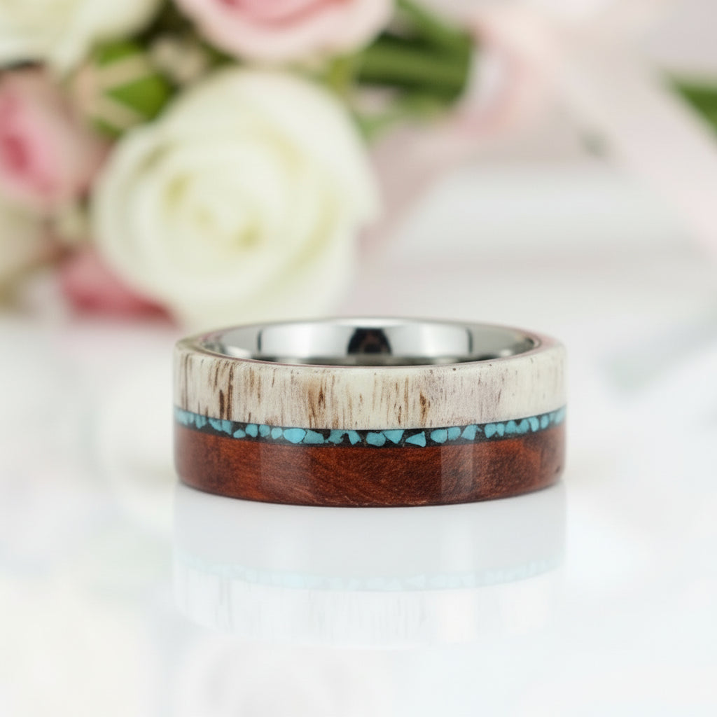 Redwood, Turquoise, and Deer Antler Inlay Tungsten Carbide Men's Ring-Black Diamonds New York