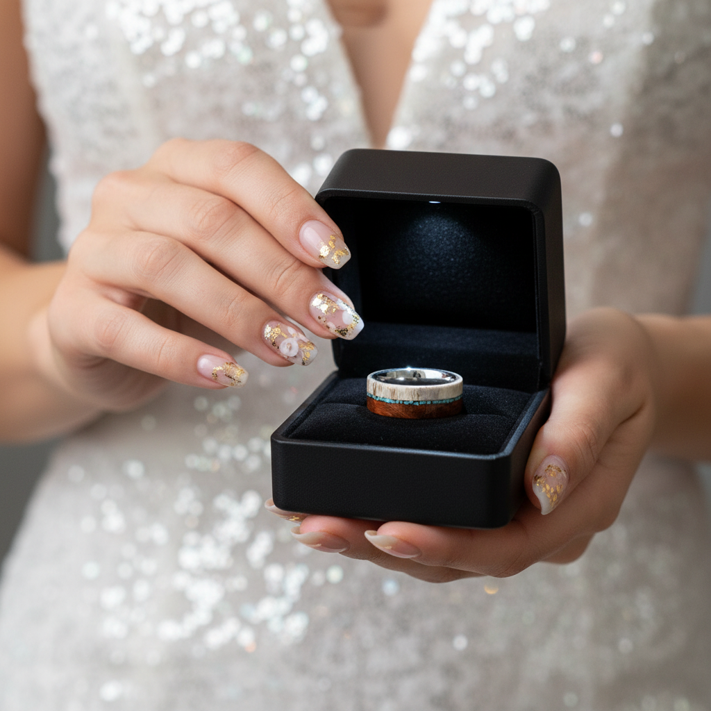 A close-up of a person in a white sequined dress holding an open black ring box. The ring box contains a silver-toned band ring with a natural wood inlay.