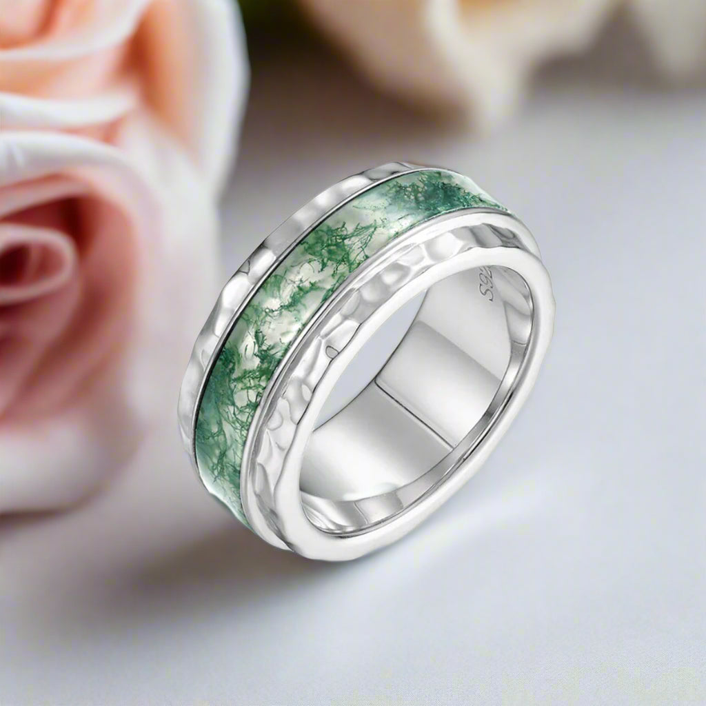 Moss Agate Hammered Wedding Band-Black Diamonds New York