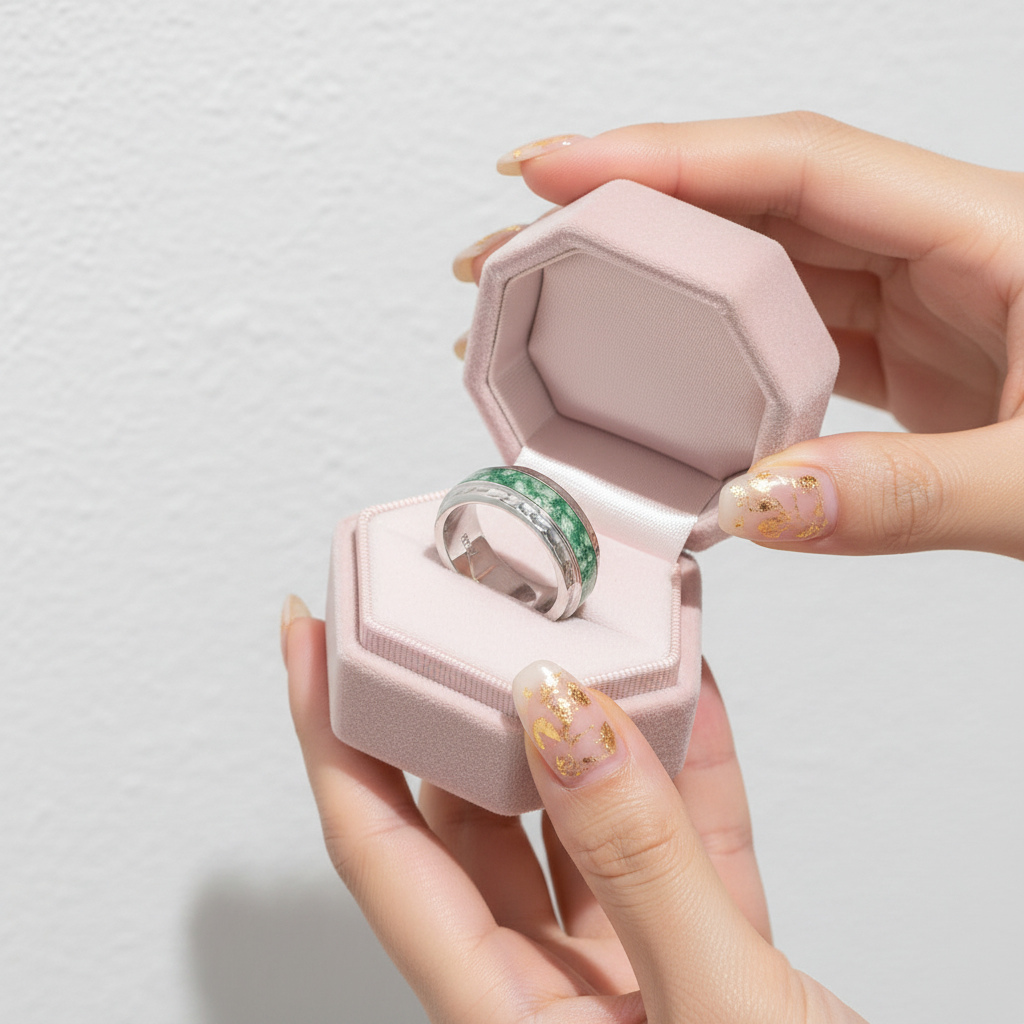 Ring with green gemstone in a pink jewelry box held by hands against a light gray background