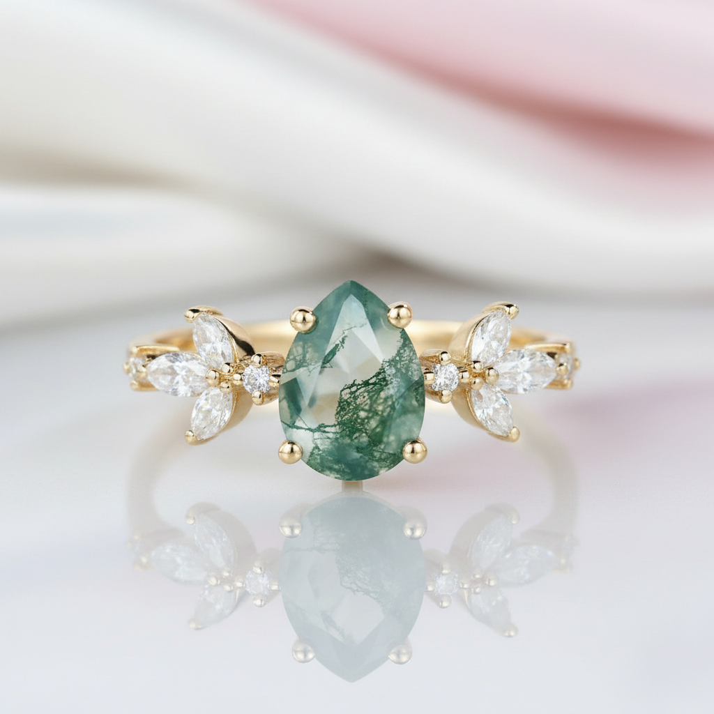 Classic Pear-cut Moss Agate Cluster Ring with Marquise-cut Side Stones-Black Diamonds New York