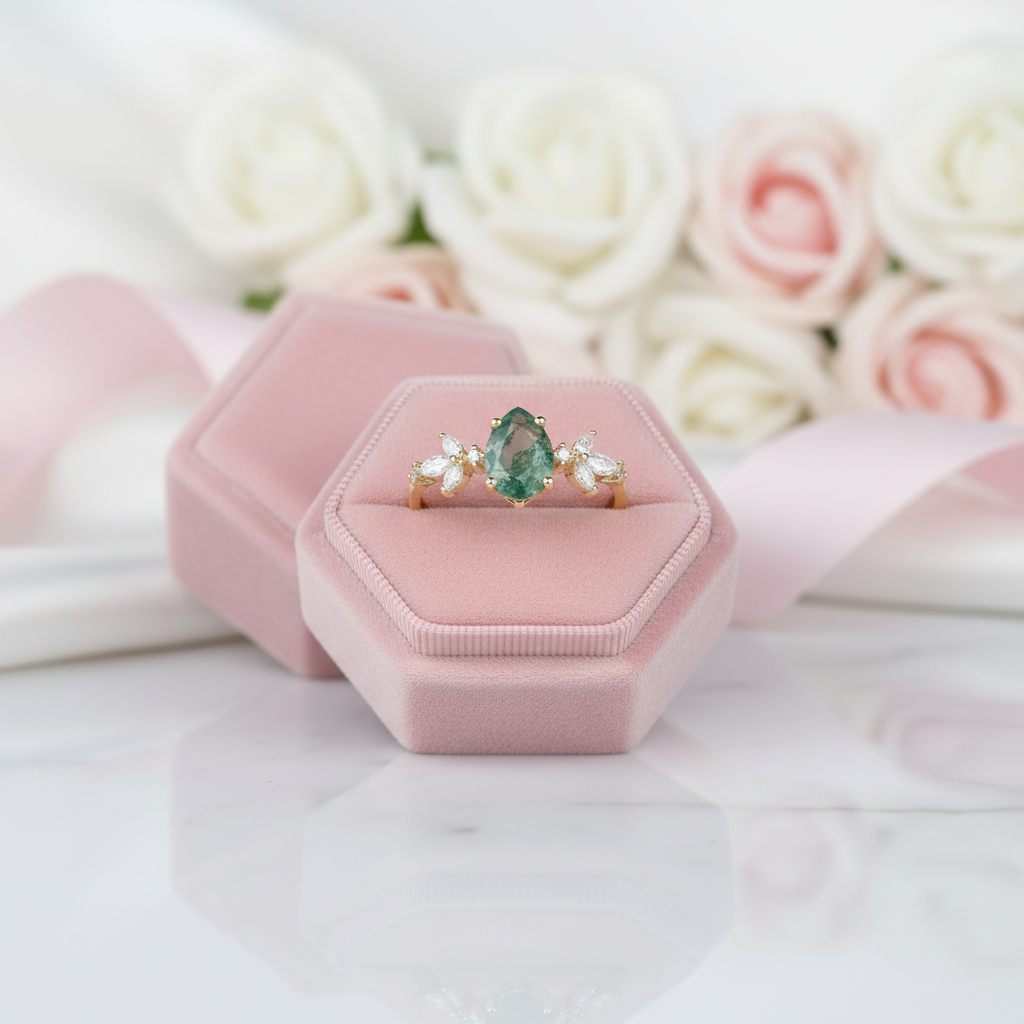 Classic Pear-cut Moss Agate Cluster Ring with Marquise-cut Side Stones-Black Diamonds New York