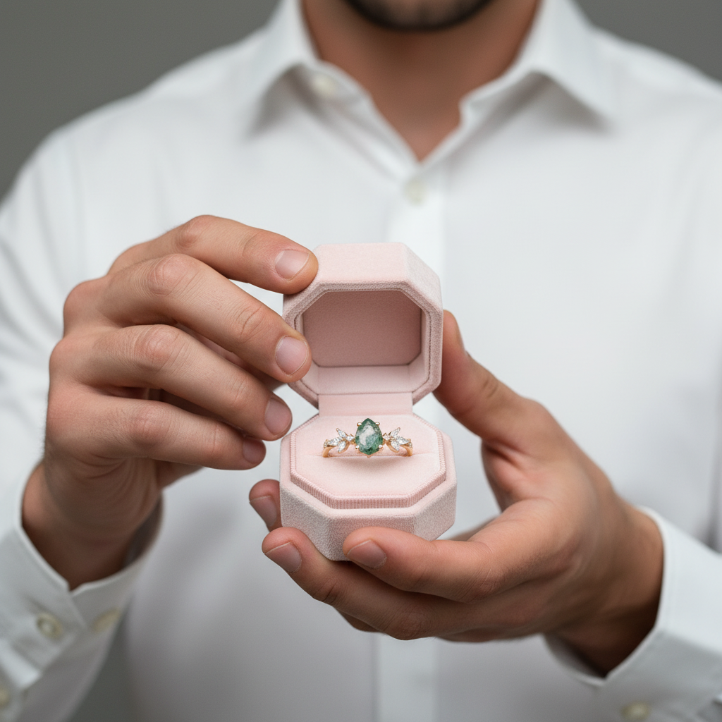 Classic Pear-cut Moss Agate Cluster Ring with Marquise-cut Side Stones-Black Diamonds New York