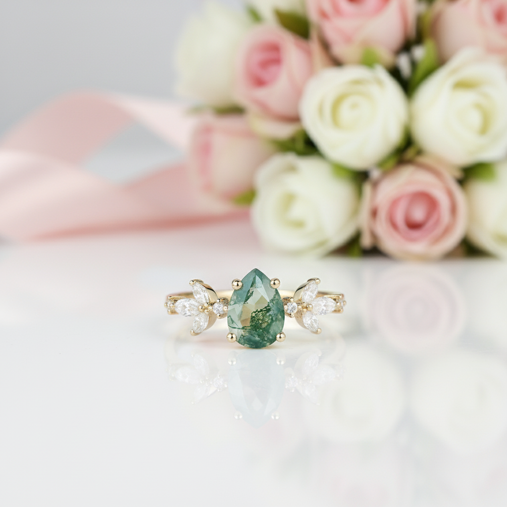 Classic Pear-cut Moss Agate Cluster Ring with Marquise-cut Side Stones-Black Diamonds New York