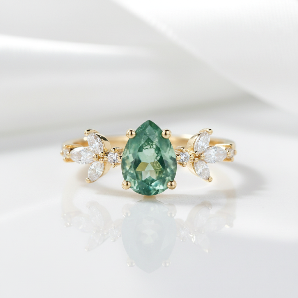 Classic Pear-cut Moss Agate Cluster Ring with Marquise-cut Side Stones-Black Diamonds New York