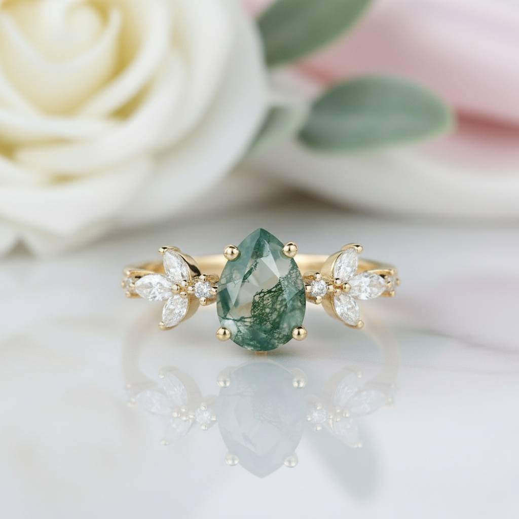 Classic Pear-cut Moss Agate Cluster Ring with Marquise-cut Side Stones-Black Diamonds New York