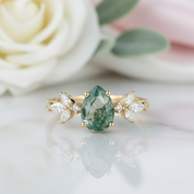 Classic Pear-cut Moss Agate Cluster Ring with Marquise-cut Side Stones-Black Diamonds New York
