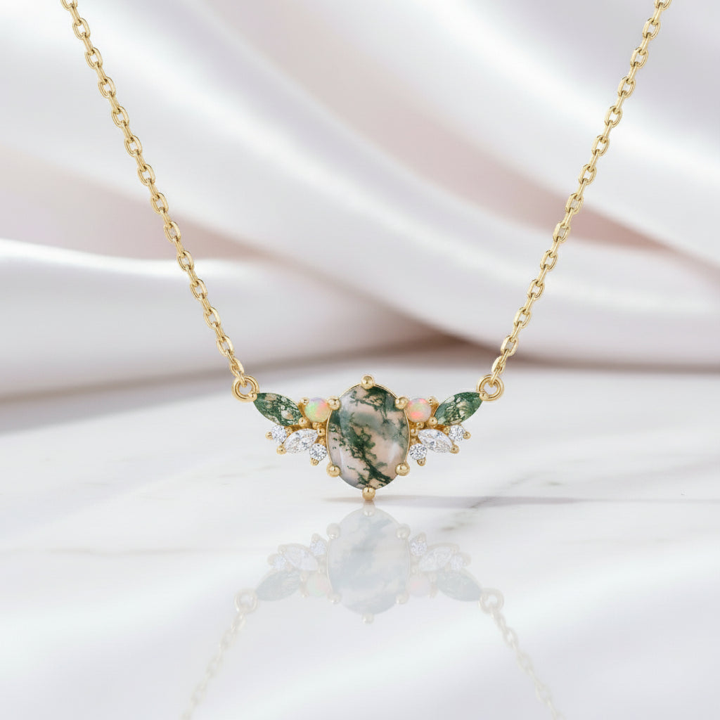 Aquatic Green Moss Agate Clavicle Necklace-Black Diamonds New York