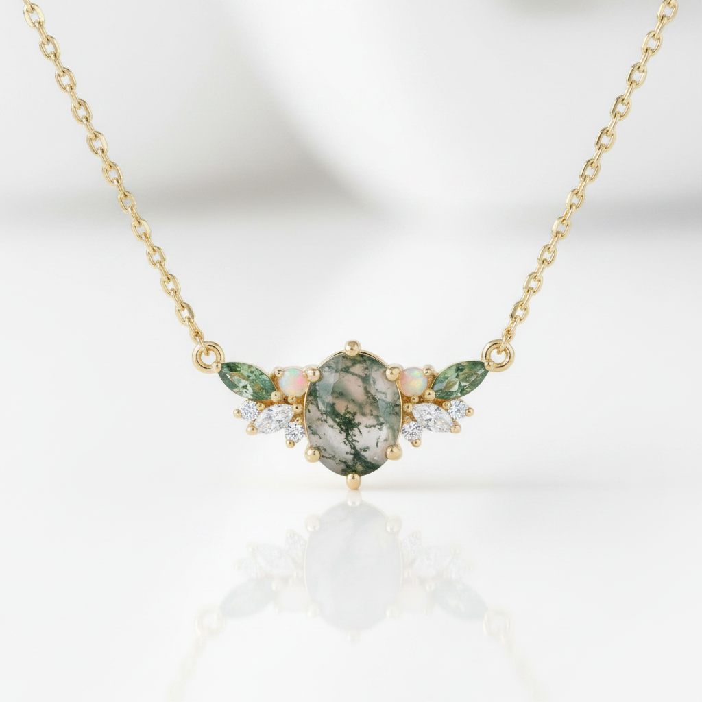 Aquatic Green Moss Agate Clavicle Necklace-Black Diamonds New York
