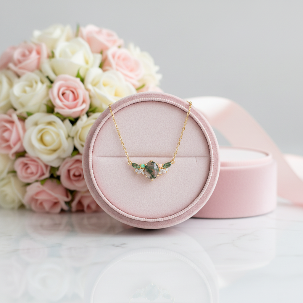 Aquatic Green Moss Agate Clavicle Necklace-Black Diamonds New York