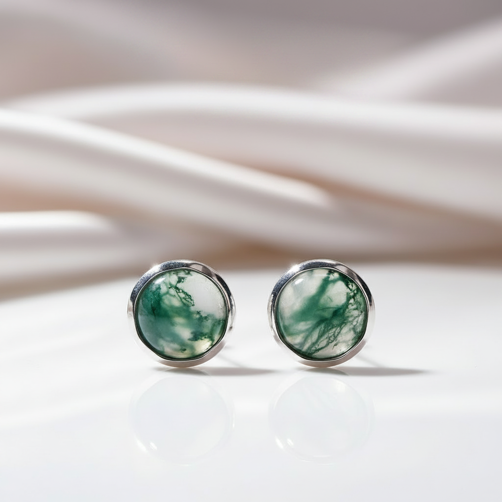 Round Moss Agate Classic Stud Earrings-Black Diamonds New York