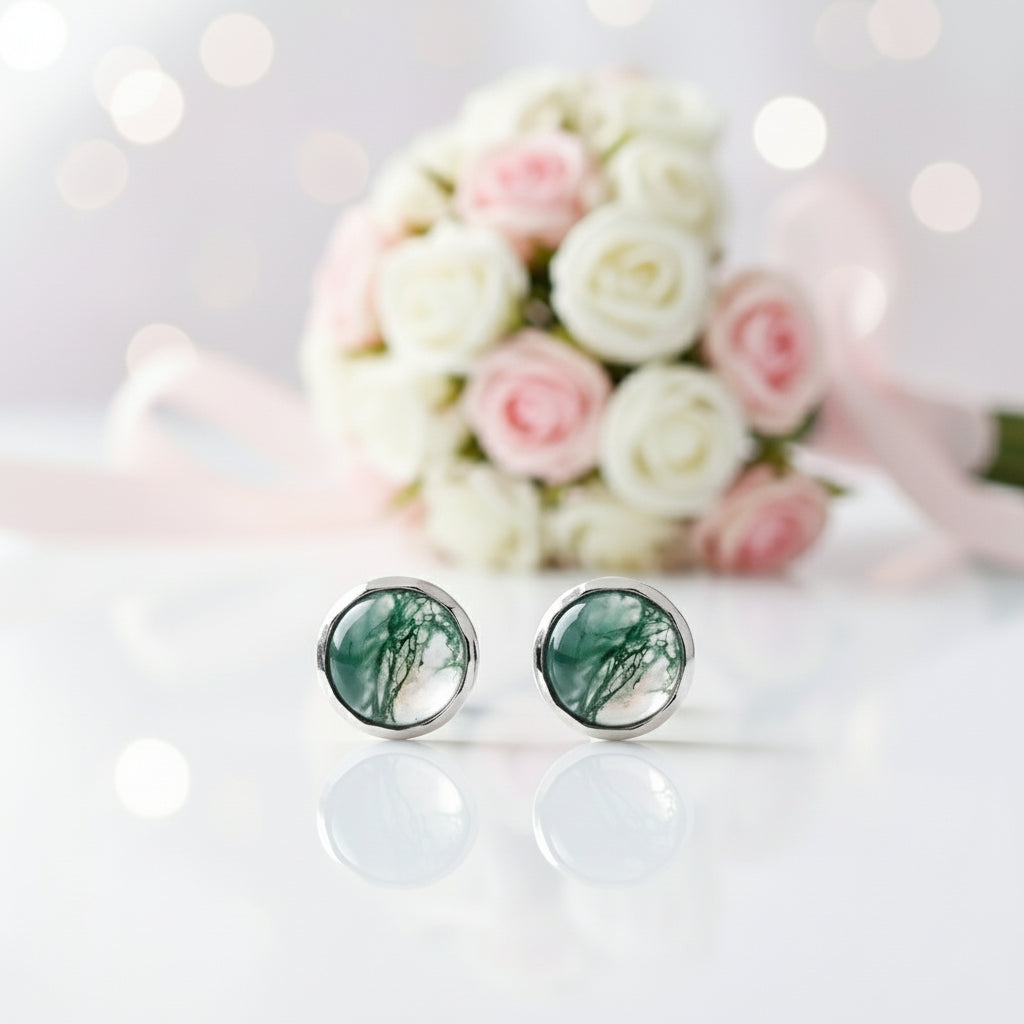 Round Moss Agate Classic Stud Earrings-Black Diamonds New York