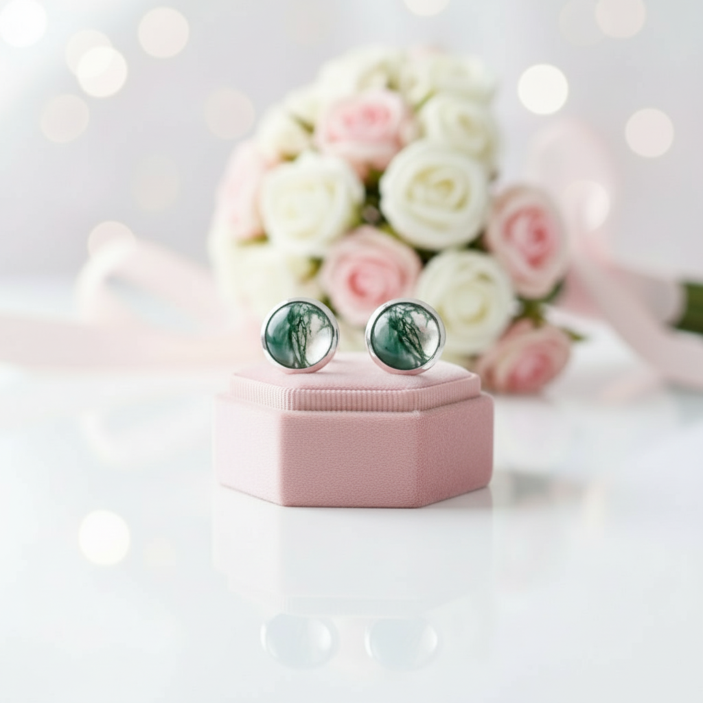 Round Moss Agate Classic Stud Earrings-Black Diamonds New York