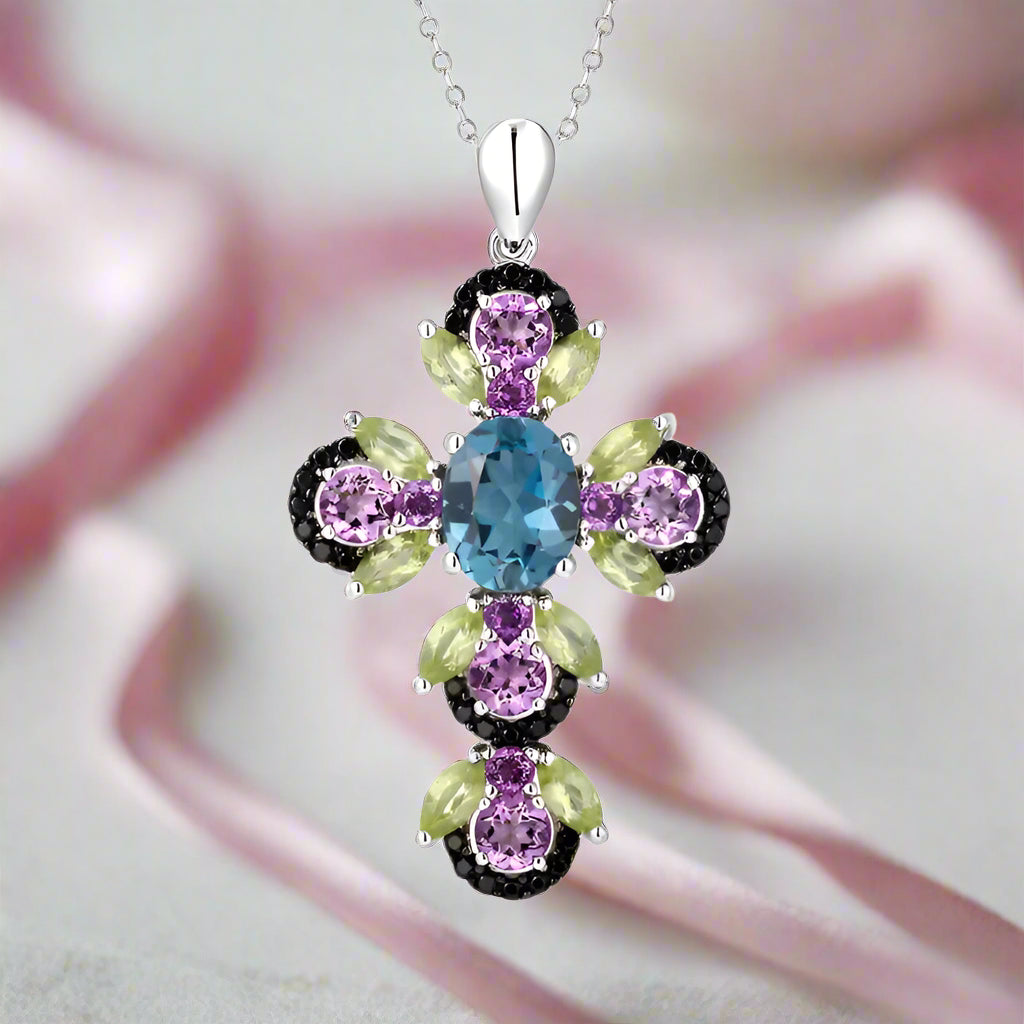 Vintage Oval-cut Natural London Blue Topaz Cross Necklace-Black Diamonds New York