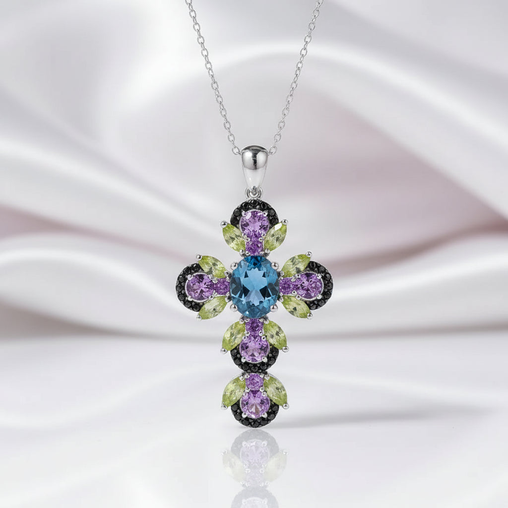 Vintage Oval-cut London Blue Topaz Cross Necklace-Black Diamonds New York