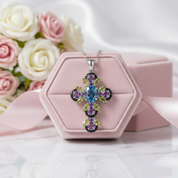Vintage Oval-cut London Blue Topaz Cross Necklace-Black Diamonds New York
