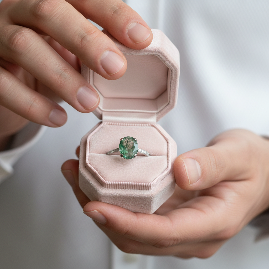 Moss Agate Engagement Ring-Black Diamonds New York