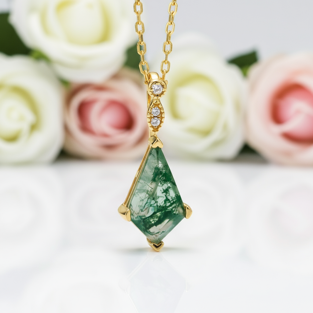 Kite Cut Natural Moss Agate Jewelry Set-Black Diamonds New York