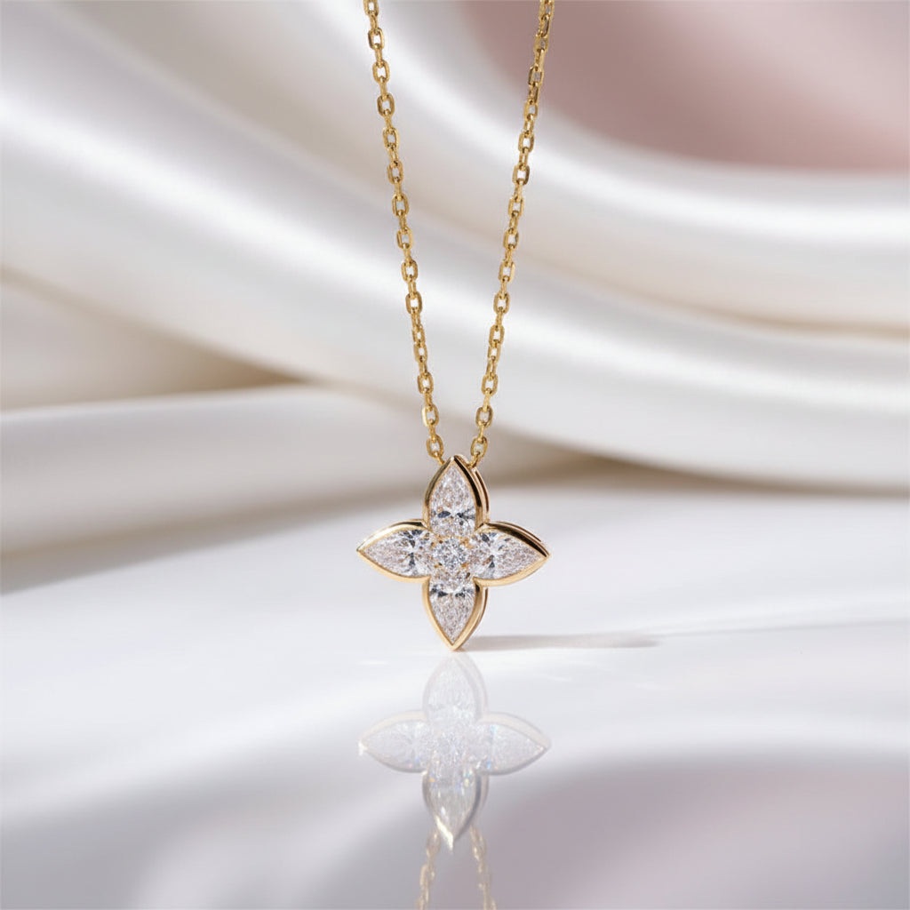 18k Gold Overlay Four-Leaf Clover Certified Moissanite Necklaces-Black Diamonds New York