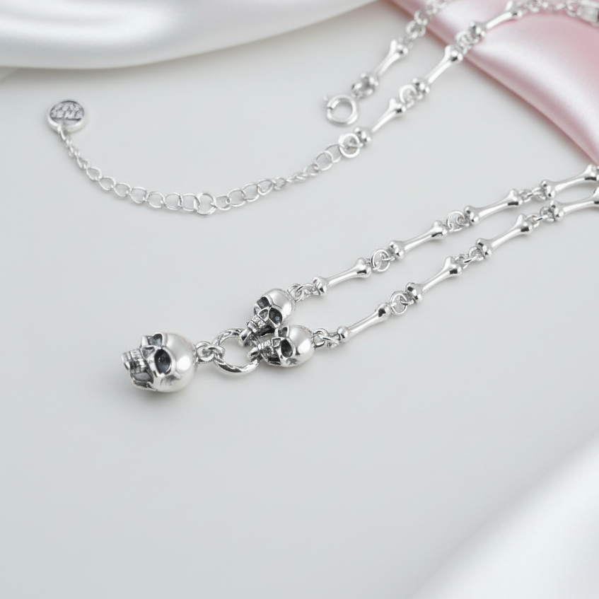 Retro Punk Skull Stick Bone Necklace-Black Diamonds New York