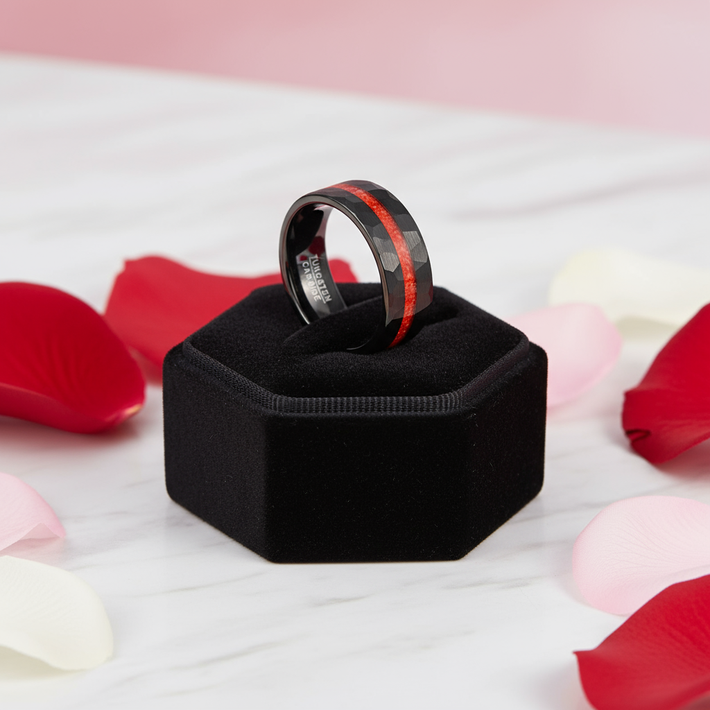 Brushed Matte Black Hammered Red Opal Inlay Tungsten Men's Ring-Black Diamonds New York