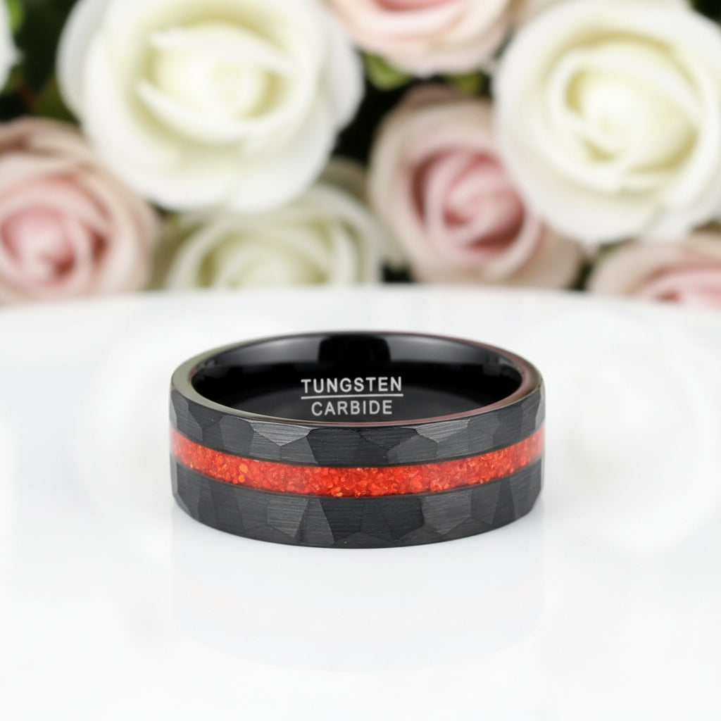 Brushed Matte Black Hammered Red Opal Inlay Tungsten Men's Ring-Black Diamonds New York